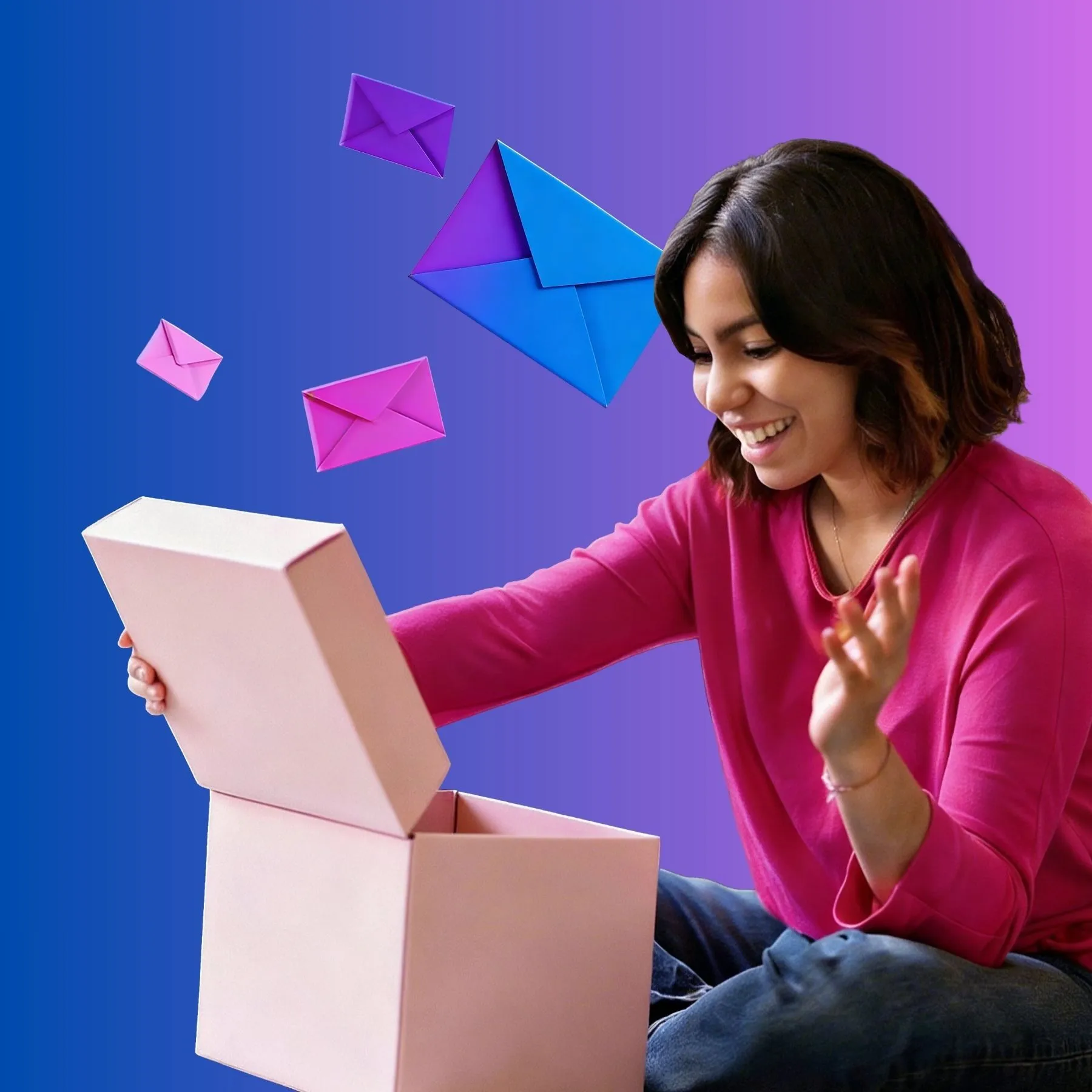 A woman opening a direct mail package surrounded by colorful envelopes.